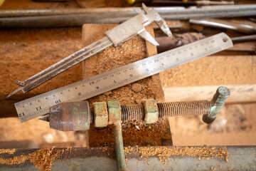 Carpenter machinery tools and equipment; Wood workshop in the countryside; rural woodworking place