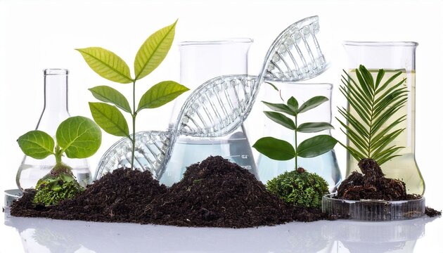 Plant genetics research dna and seedlings in lab glassware