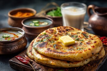 Indian flatbread stuffed with potatoes topped with butter accompanied by sweet lassi chutney and pickle