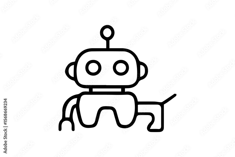 Poster the image displays a simple, black and white line art illustration of a robot. the robot has a somew