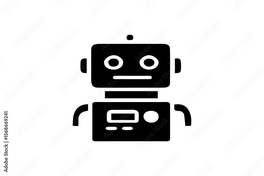 Poster this image displays a black silhouette-style icon of a robot on a white background. the robot has a 