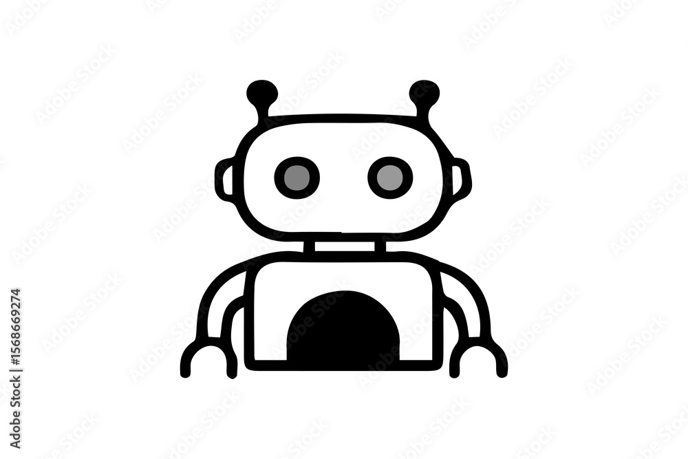Poster this image features a simple, outlined robot icon with a white fill and black contours, set against 