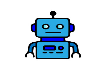 This image features a simple and colorful cartoon-style robot icon on a white background. The robot is primarily blue with darker blue and black outlines.