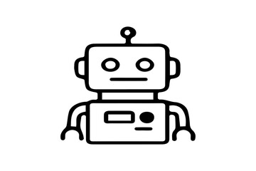 This image presents a line-art style robot icon, drawn in black outlines on a white background.