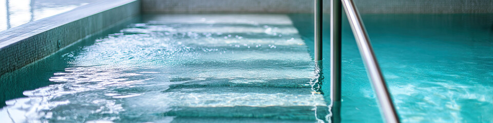 Fototapeta premium Submerged Stone Steps and Handrail in Indoor Pool