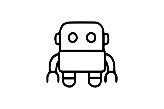 The image is a black-and-white line icon of a robot. The robot has a rounded rectangular head with two circular eyes, giving it a friendly and simple expression.