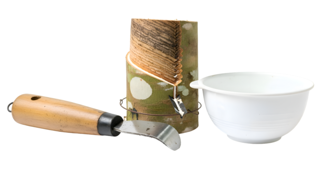 Rubber tapping tools with tree trunk and bowl for latex collection isolated