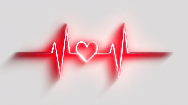Neon red heart and waveform, representing vitality, with shadow and gradients on a white background