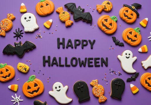 Happy halloween treats: a colorful, festive spread of cookies and candies.