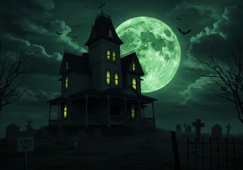 A haunted house stands eerie beneath a glowing moon with bats flying in the night sky.