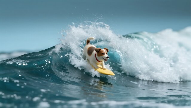 A dog is surfing on a yellow surfboard in the ocean - Powered by Adobe