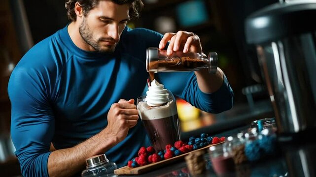 Man preparing a healthy, delicious beverage, adding whipped cream to a chocolate drink topped with berries