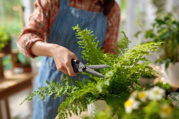 Obraz premium Joyful woman trimming fern leaves indoors related to gardening and household tasks