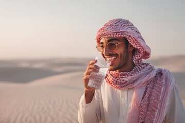 Noble Arab youth refreshes himself with cool water gains strength smiles and gazes sideways in an expansive sandy desert