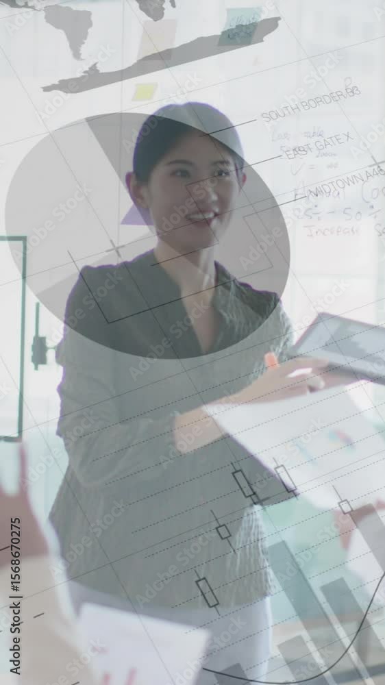 Poster animation of graphs and data processing over diverse colleagues brainstorming in casual office