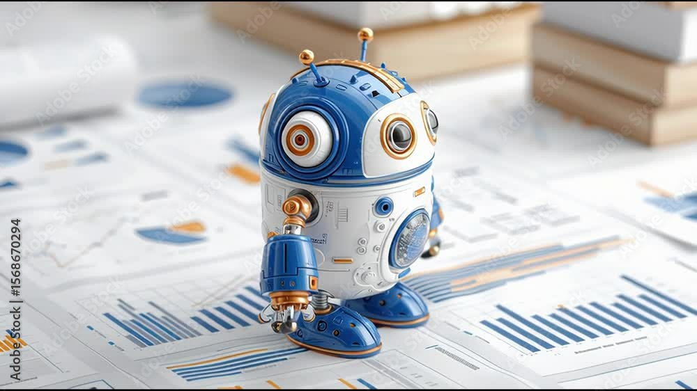 Poster robot strategically placed on a table illustrating structural design and functional capabilities for