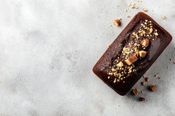 Nut chocolate pound cake on a light concrete surface Overhead view text area available