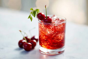 Refreshing Mint Mojito Cocktail Beverage with Ice, Cherries, Soda, Syrup in Red Glass; Ideal Summer Party Drink for Bar Celebrations; Sweet, Colorful Alcoholic Appetizer with Flavorful Bubbles
