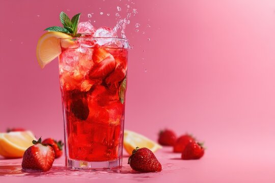 Chilled summer beverage on vibrant backdrop strawberry cocktail lemonade iced tea - Powered by Adobe