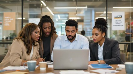 Diverse business team collaborating and reviewing data on a laptop in a modern office conference room - Powered by Adobe