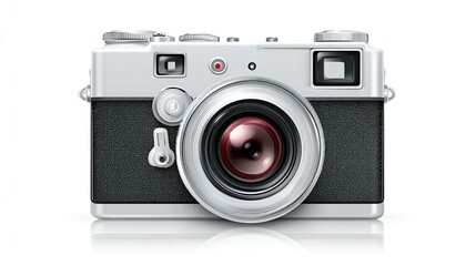 Classic retro-style camera with silver finish, black textured grip, and prominent lens, angled front