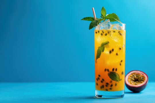 Chilled fruit mix with soda in a tall glass garnished with mint Summer refresher