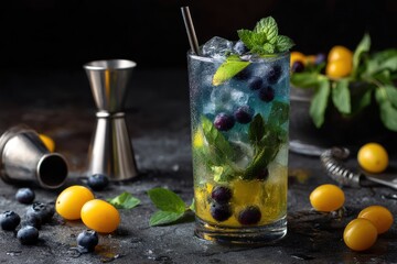 Refreshing blueberry mojito cocktail with rum mint lime and ice featuring yellow cherry plums bar tools and a dark backdrop