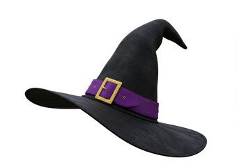 A black witch hat with purple band and golden buckle, isolated on white, ready for Halloween.
