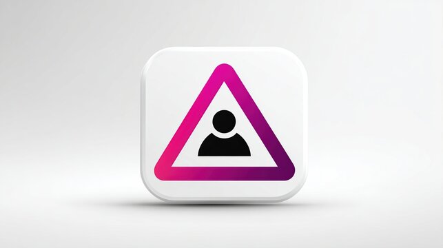White square icon with a pink-purple triangle & a black human silhouette inside, on a gray surface