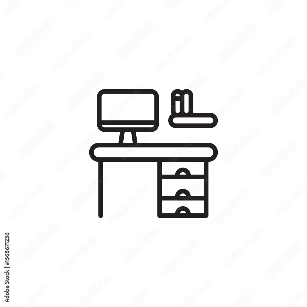Fototapete a clean, minimalist outline icon of a computer desk setup with a monitor, a shelf holding items, and