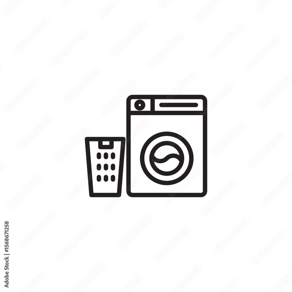 Poster a clean line-art icon shows a front-loading washing machine next to a laundry hamper, symbolizing a 