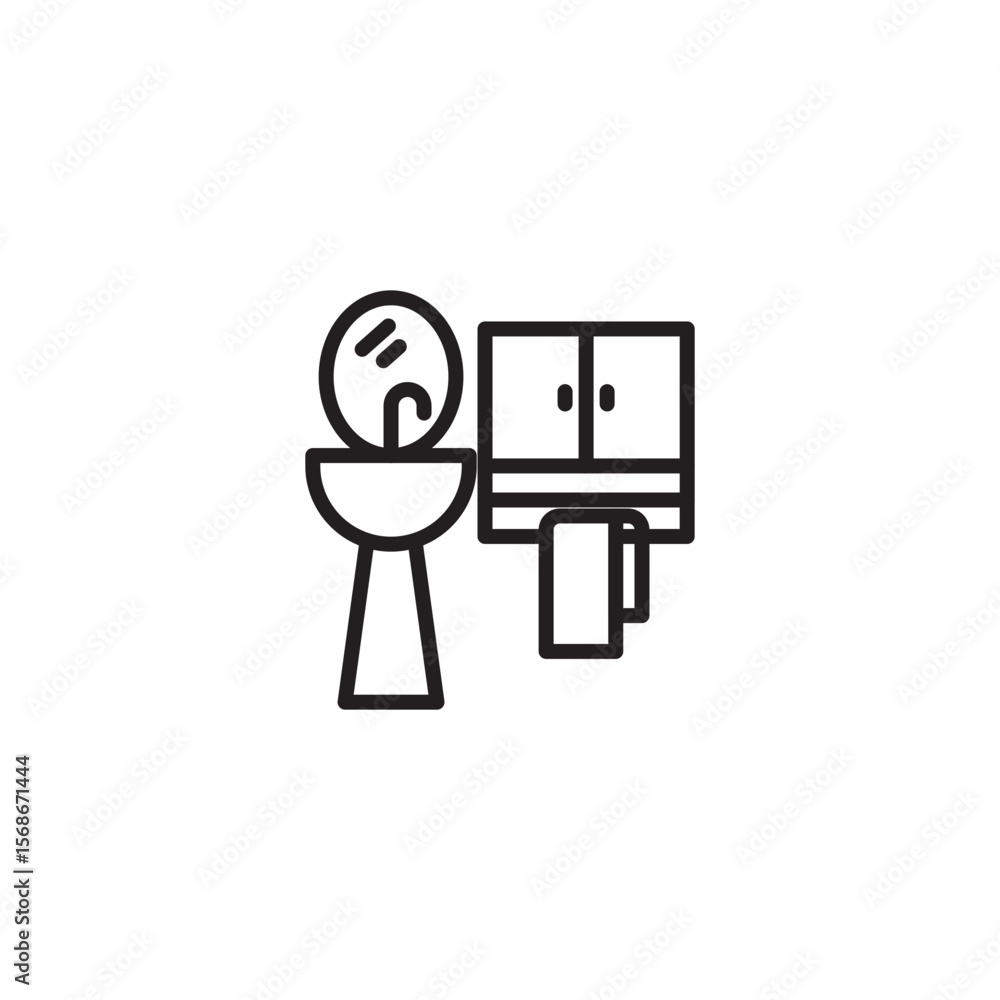 Poster a simple line icon shows a bathroom sink with a round mirror above it, next to a cabinet with a towe