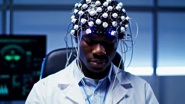 Focused researcher with brain computer interface