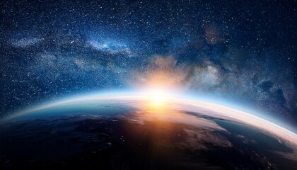 sunrise over earth horizon from space with starry sky