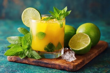 Fototapeta premium New mango mojito drink with lime and mint served in a glass