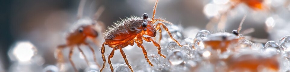 Obraz premium Reddish-Brown Insects on Dew-Covered Surface