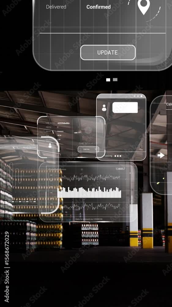 Poster animation of data processing on screen over warehouse
