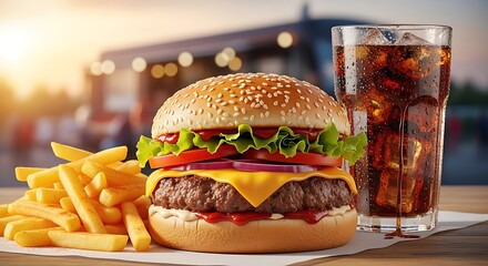 Delicious cheeseburger with fries and soda, perfect for lunch or dinner fast food meal deal