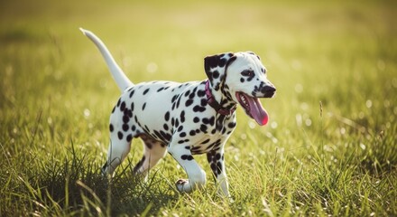 Happy dog running in tall green grass with tongue hanging out