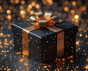 Black gift box with gold ribbon on a dark surface with bokeh lights. Perfect for holiday greetings, promotional banners, and product mockups.