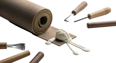 Leather Roll and Carving Tools Lay on Transparent Background in Studio Lighting Setup