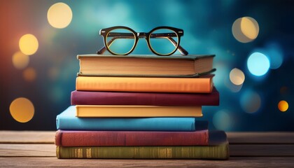 stack of colorful books with glasses on top sits on wooden surface creating cozy and intellectual atmosphere