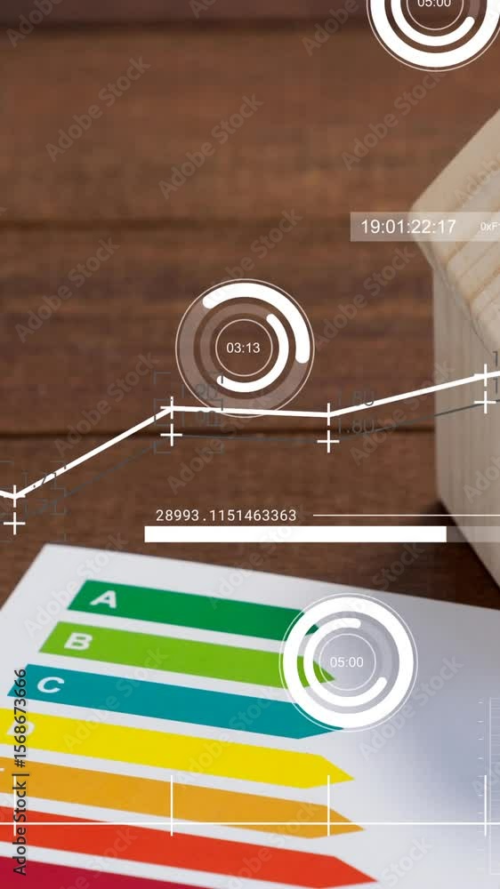 Poster animation of financial data processing over house and energy reading