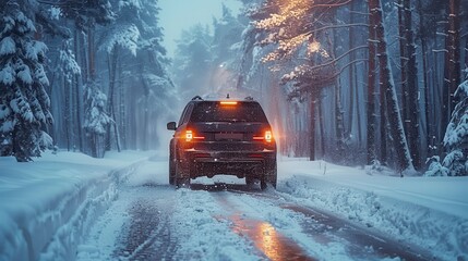 Dark car drives away on a snowy road lined with tall trees in a winter wonderland scene