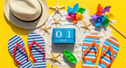 Bright July 1st Beach Scene with FlipFlops Starfish and Pinwheels on Yellow Background.