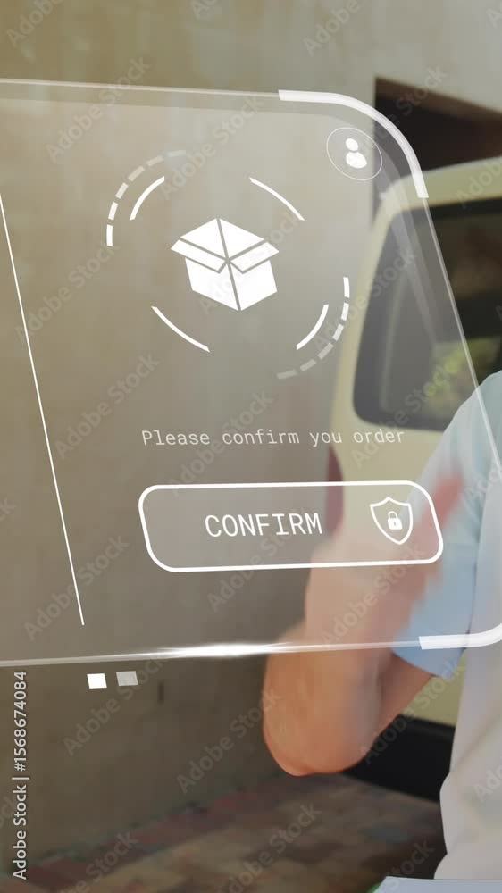 Poster animation of digital interface with data processing over caucasian delivery man taking notes