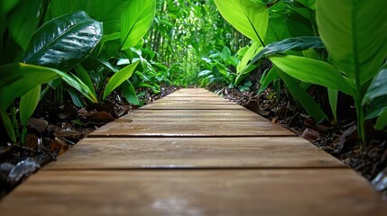 Wooden Path Through Lush Green Tropical Foliage