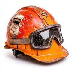 Worn Orange Hard Hat with Safety Goggles and Dirt Splatter Isolated on White