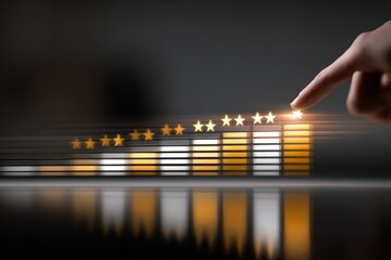 Rising performance metrics displayed on a graph with a finger pointing to the top rating in a modern workspace