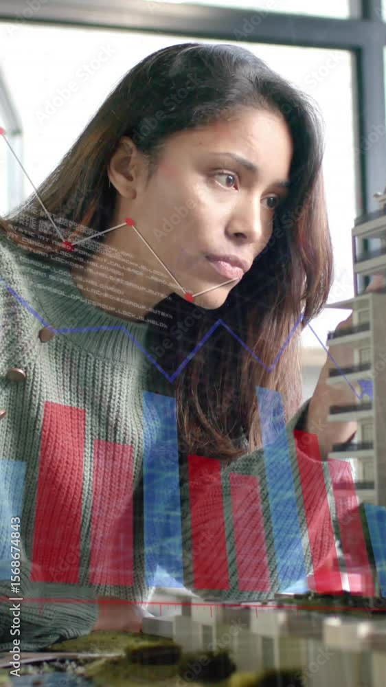 Poster data processing on graph over female architect studying building model